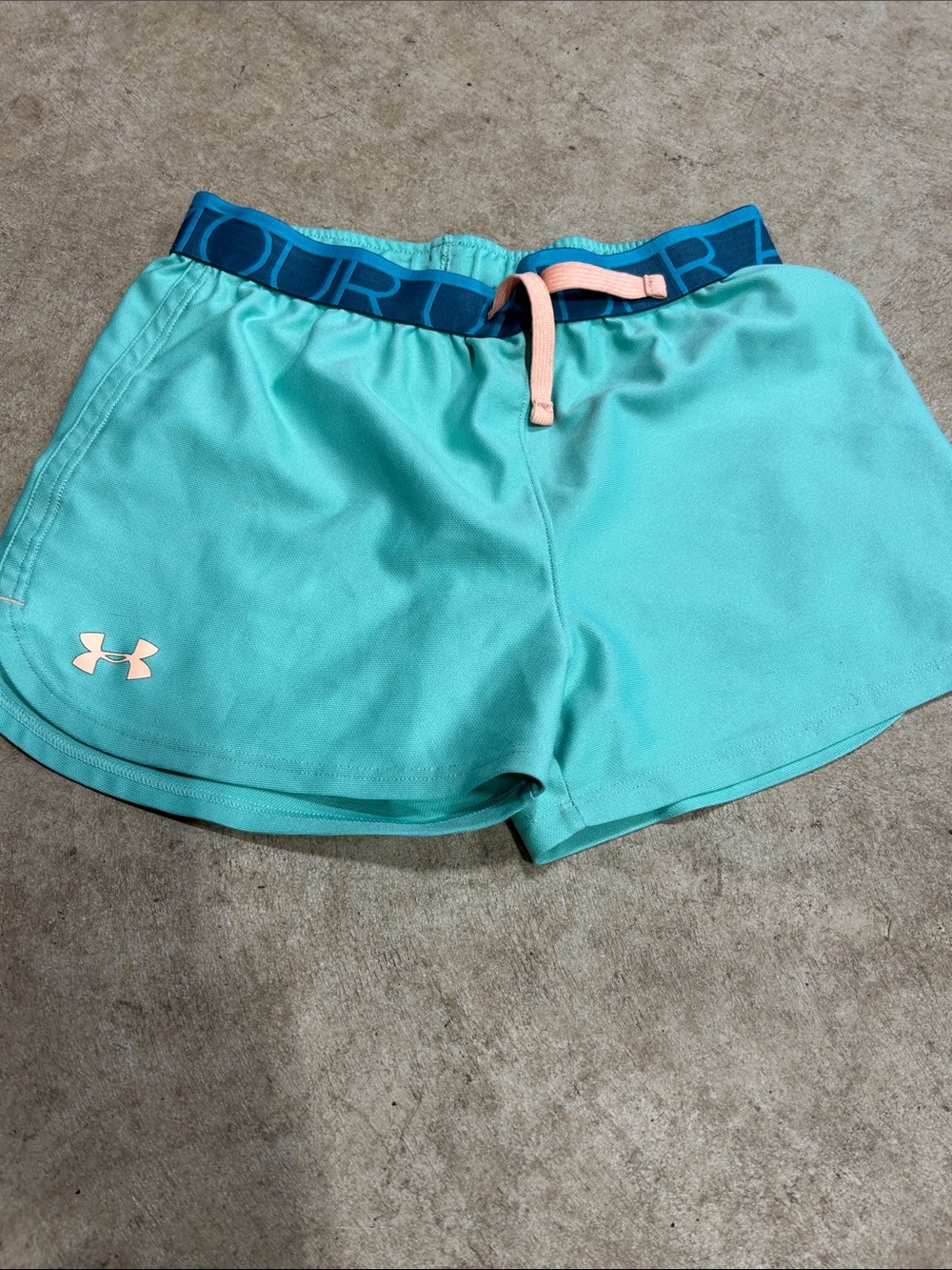 Under Armour Women’s Aqua Athletic Shorts with Blue Waistband and Peach Accents